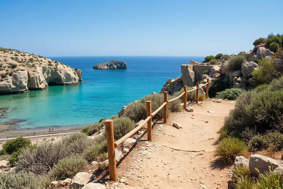 Wooden coastal-path railing above a turquoise Sardinian bay near Il Paradiso