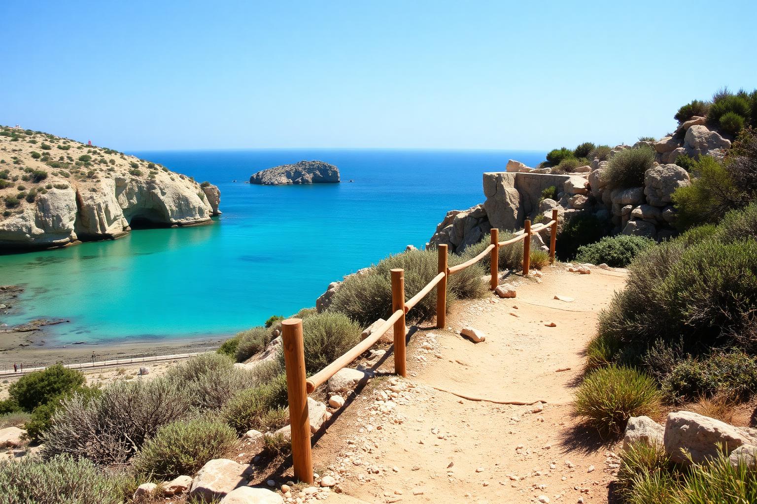 Wooden coastal-path railing above a turquoise Sardinian bay near Il Paradiso
