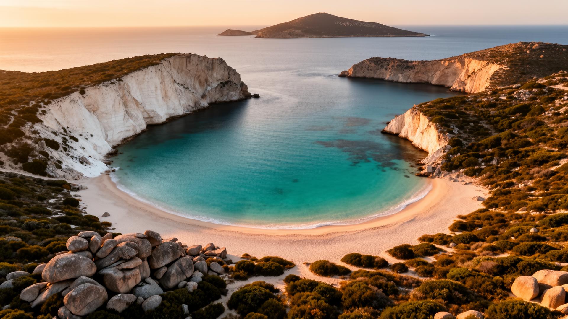 Turquoise cove on the northern coast of Sardinia at golden hour