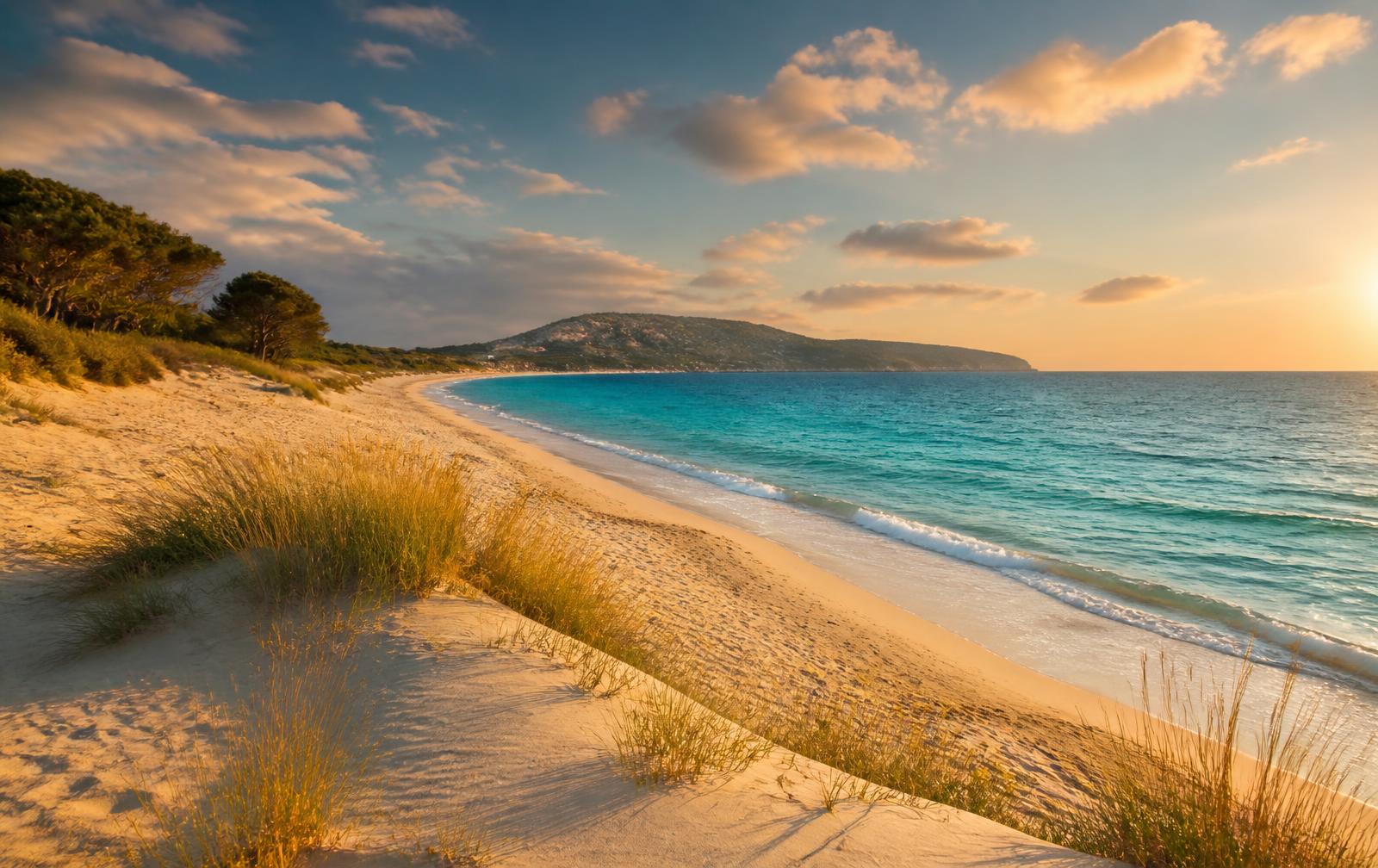 Sandy Sardinian beach with turquoise sea and pine-covered dunes at golden hour