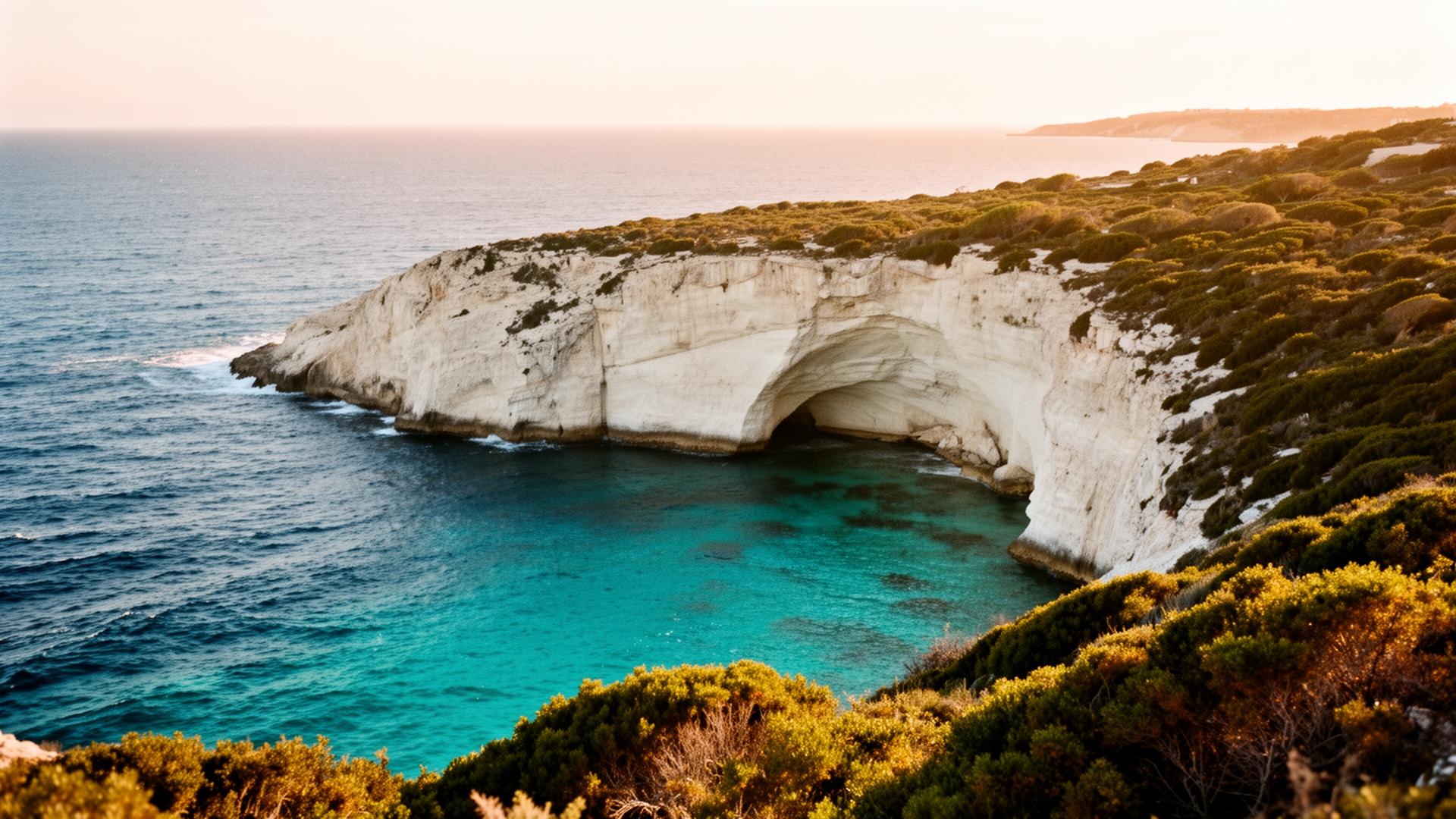 Sardinian coastline at golden hour with turquoise sea and white cliffs