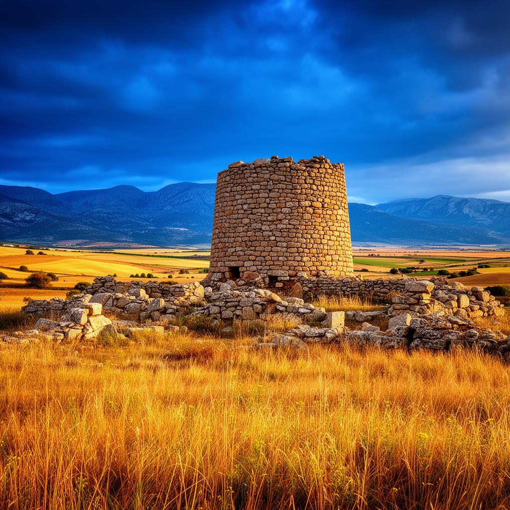 Ancient Sardinian nuraghe stone tower standing in golden countryside