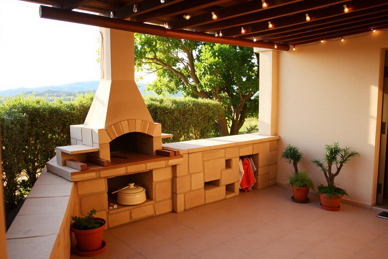 Private patio with a built-in stone barbecue and pergola