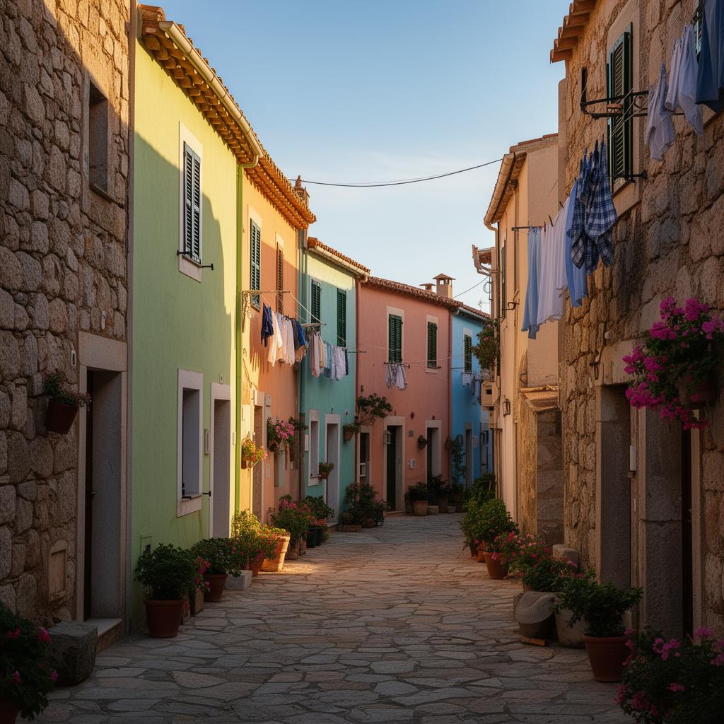 Pastel-painted houses lining a narrow Sardinian village alley